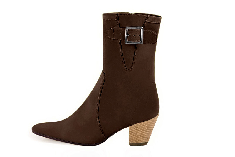 Dark brown women's ankle boots with a zip on the inside. Tapered toe. Medium cone heels. Profile view - Florence KOOIJMAN